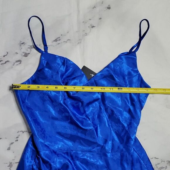 LuLus Blue Satin Cowl Neck Faux Wrap Mini Dress - Picture 5 of 7